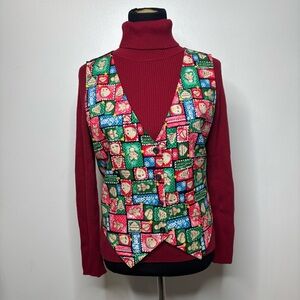 Basic Editions Holiday Vest Women’s Large Christmas Gingerbread Cookie Patchwork